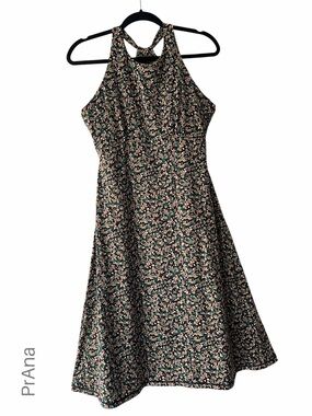 PRANA NWOT JEWEL LAKE BLACK BLOSSOM DRESS TWIST BACK BUILT-IN BRA STRETCH MEDIUM